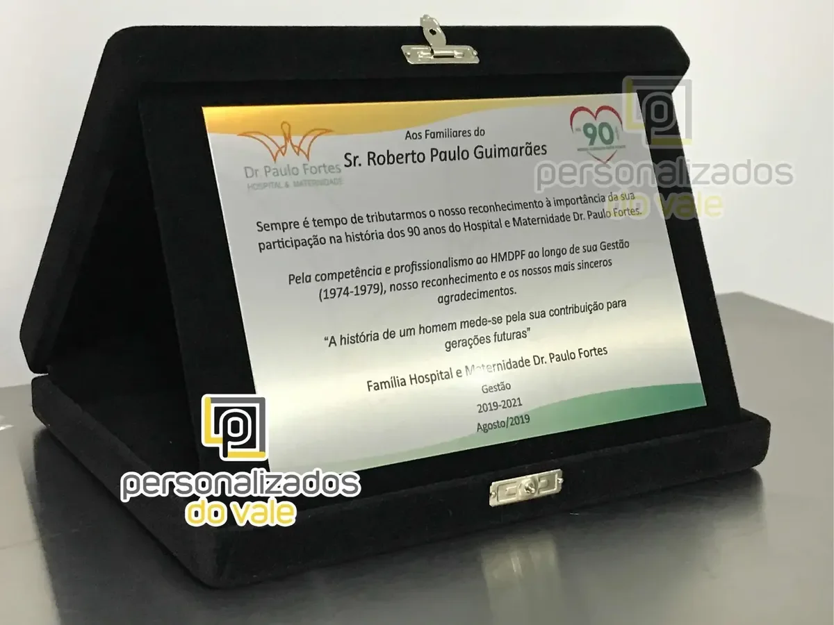placa de homenagem em aço escovado com estojo de veludo personalizada - imagem 3