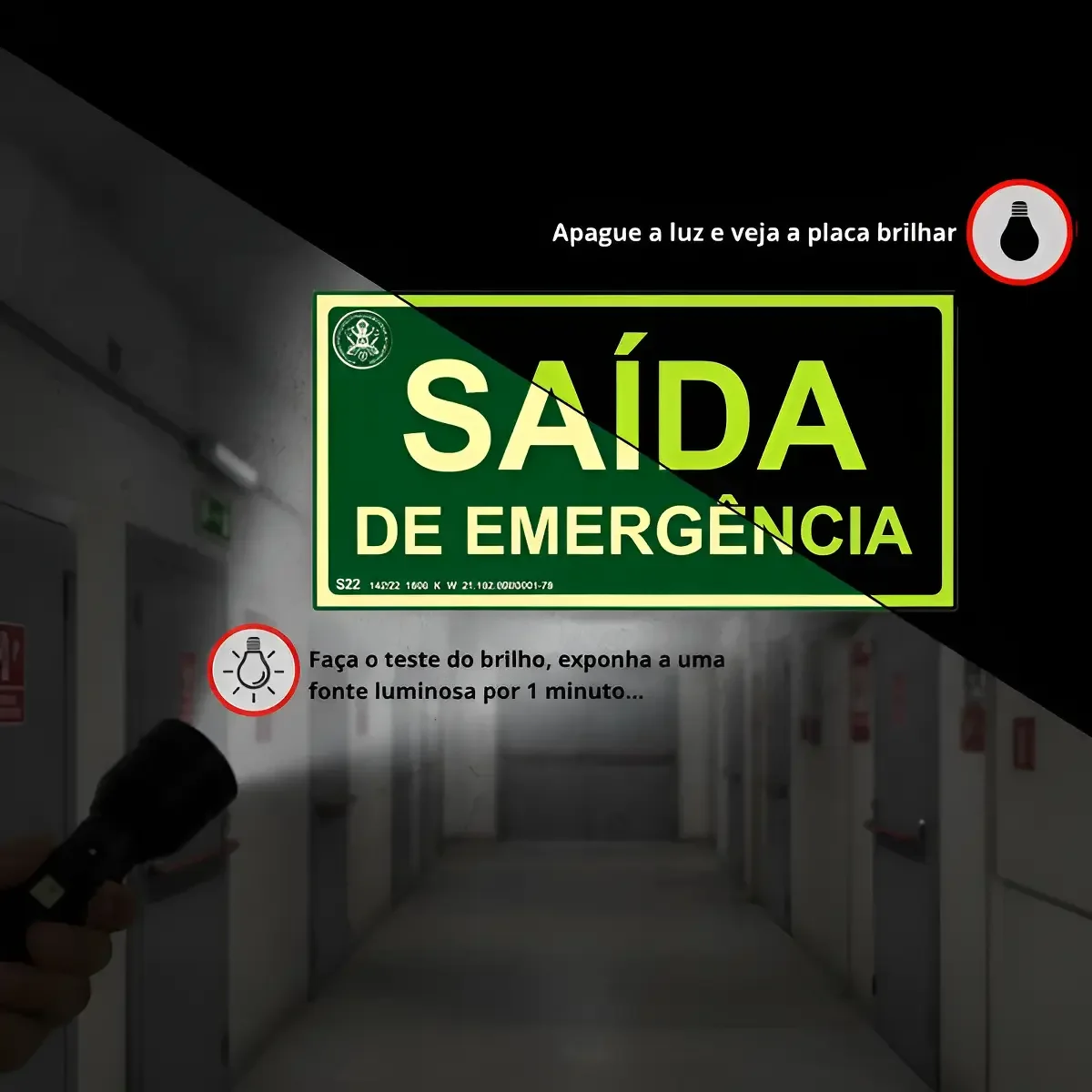 placa fotoluminescente saída de emergência Placa Fotoluminescente Bombeiro Saída Emergência 15x30 em imagem principal Visual Sete - imagem 3