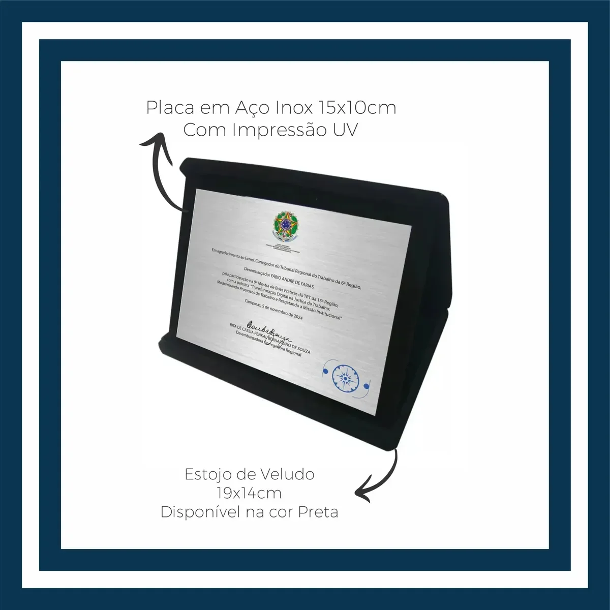 placa de homenagem e formatura em aço inox com estojo de veludo - imagem 2