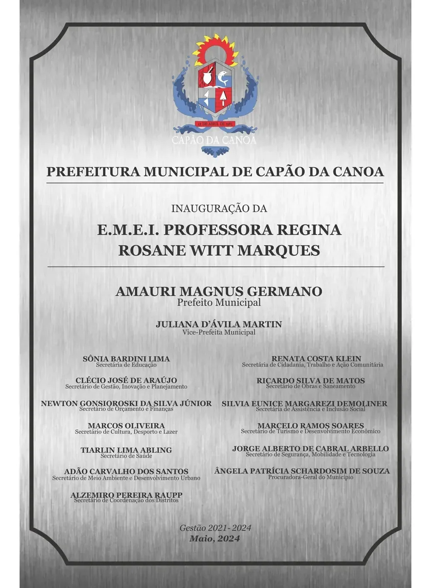 Placa de Inauguração em Aço Inox Escovado 50x70 cm