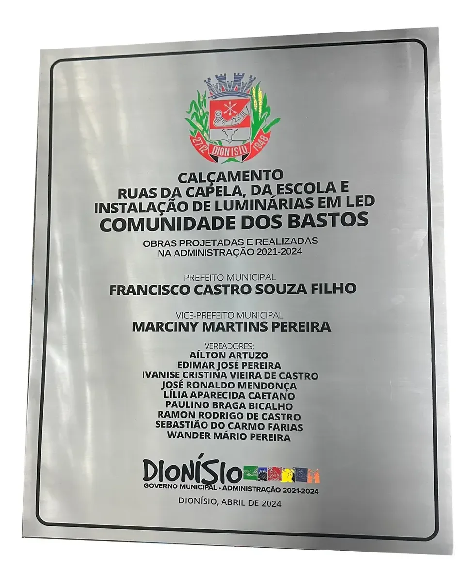 Placa de Inauguração em Aço Inox Baixo Relevo 70x50 cm