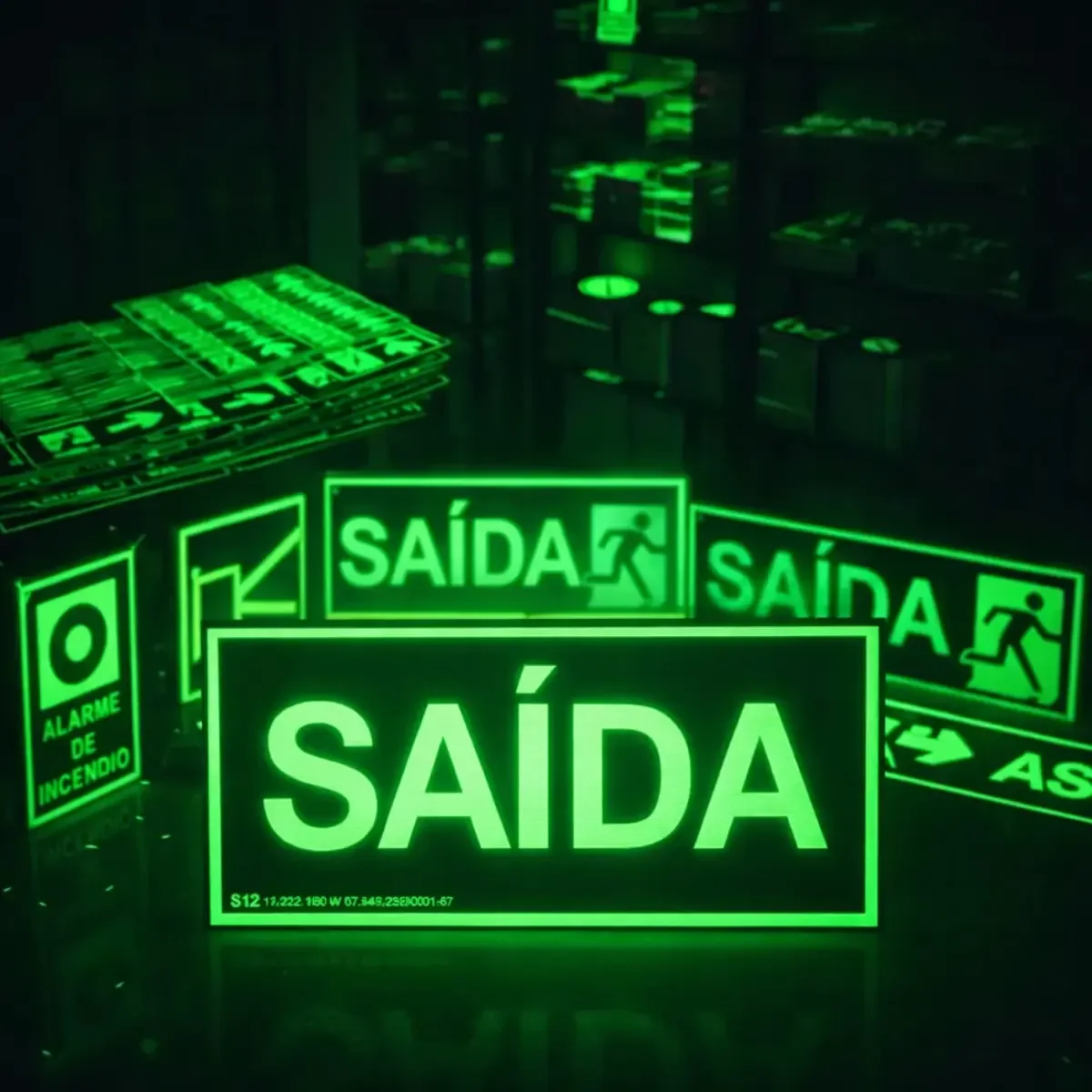 placa saída S12 fotoluminescente Placa Saída S12 Fotoluminescente 20x10 NBR Verde em imagem principal Visual Sete - imagem 6