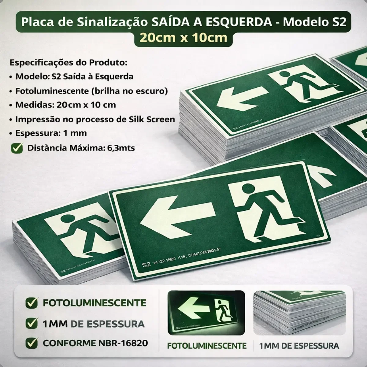 placa rota de fuga seta esquerda Placa Rota de Fuga Seta Esquerda Fotoluminescente S2 em imagem principal Visual Sete - imagem 5